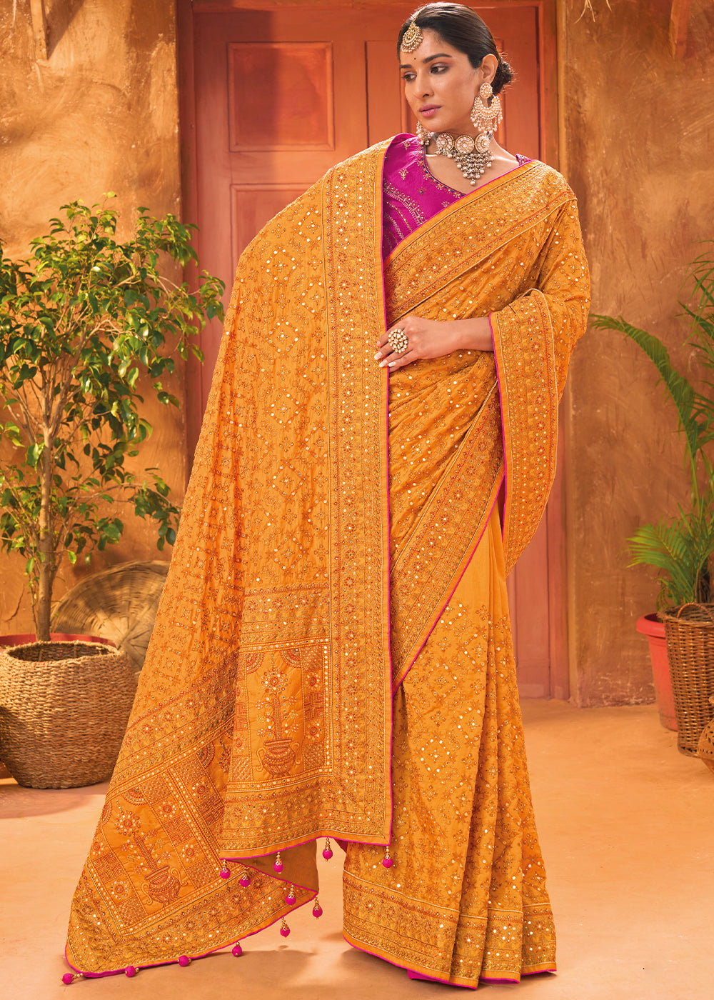 Tangerine Orange Banarasi Silk Saree with Heavy Kacchi, Diamond & Mirror Accents