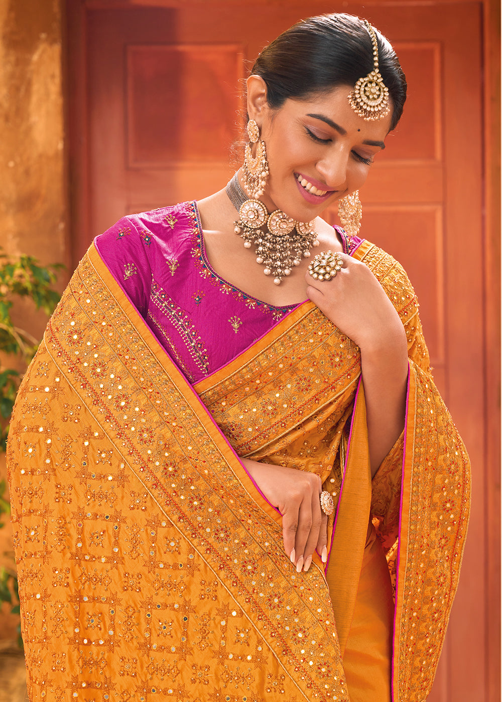 Tangerine Orange Banarasi Silk Saree with Heavy Kacchi, Diamond & Mirror Accents