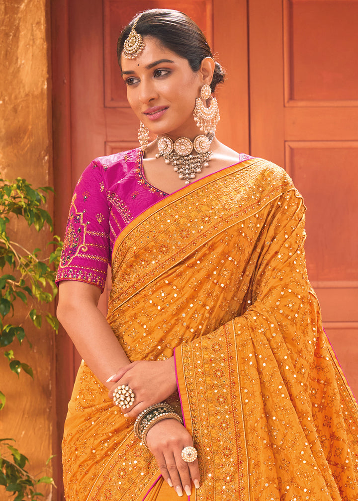 Tangerine Orange Banarasi Silk Saree with Heavy Kacchi, Diamond & Mirror Accents