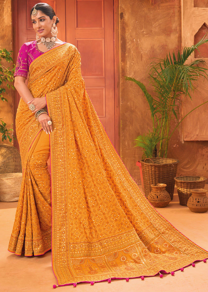 Tangerine Orange Banarasi Silk Saree with Heavy Kacchi, Diamond & Mirror Accents