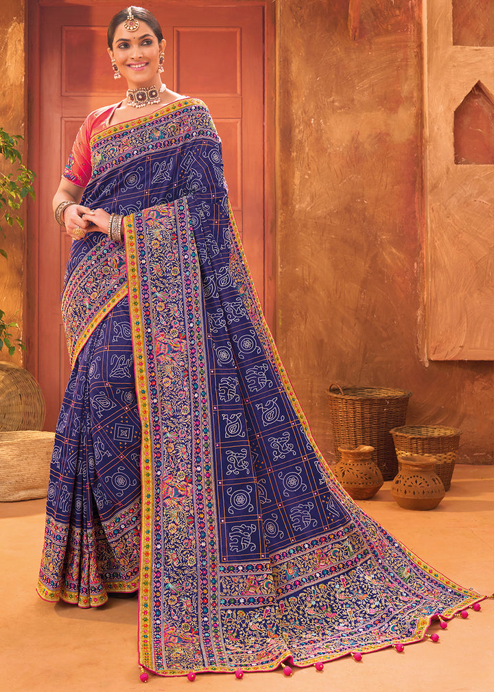 Navy Blue Banarasi Silk Saree with Heavy Kacchi, Diamond & Mirror Accents