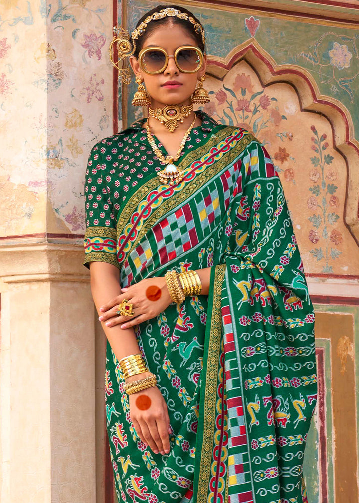 Forest Green Traditional Silk Saree with Patola Print