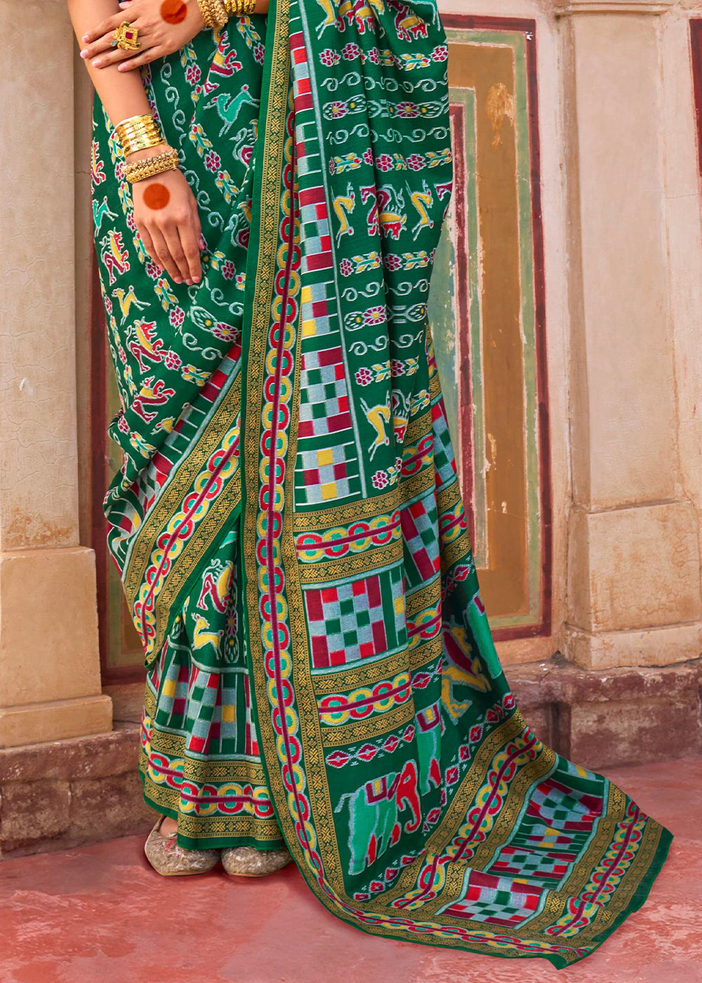 Forest Green Traditional Silk Saree with Patola Print