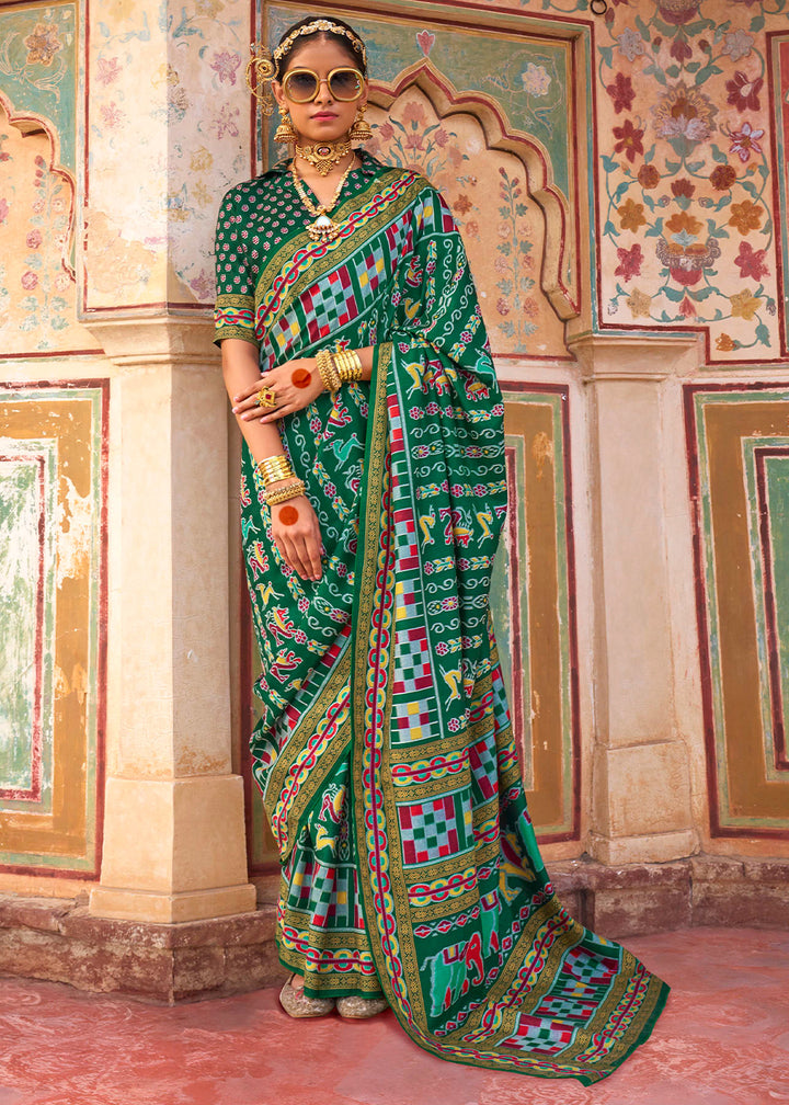 Forest Green Traditional Silk Saree with Patola Print