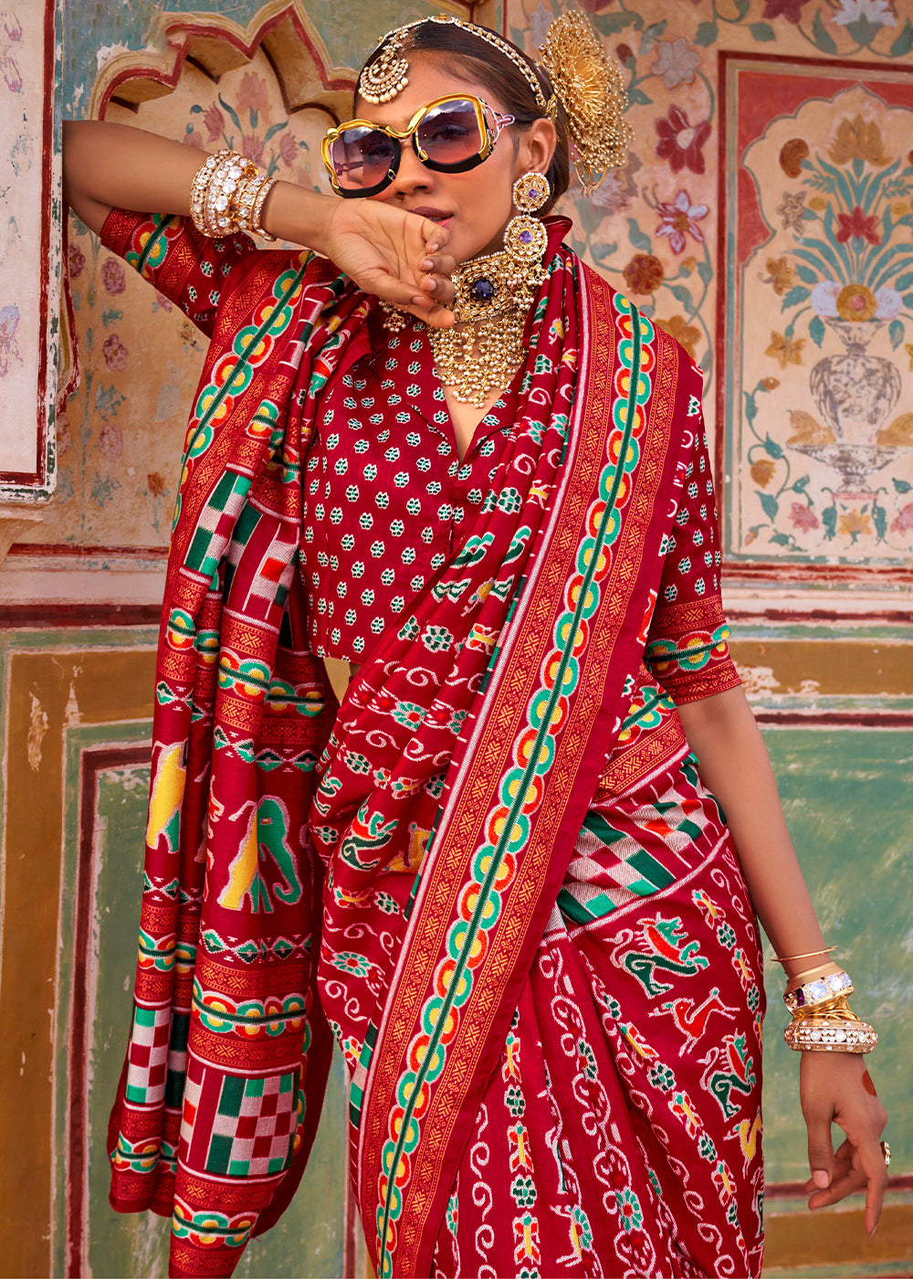 Carmine Red Traditional Silk Saree with Patola Print