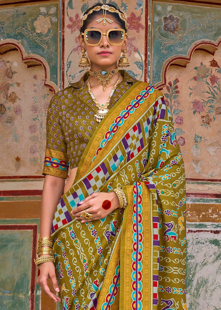 Olive Green Traditional Silk Saree with Patola Print