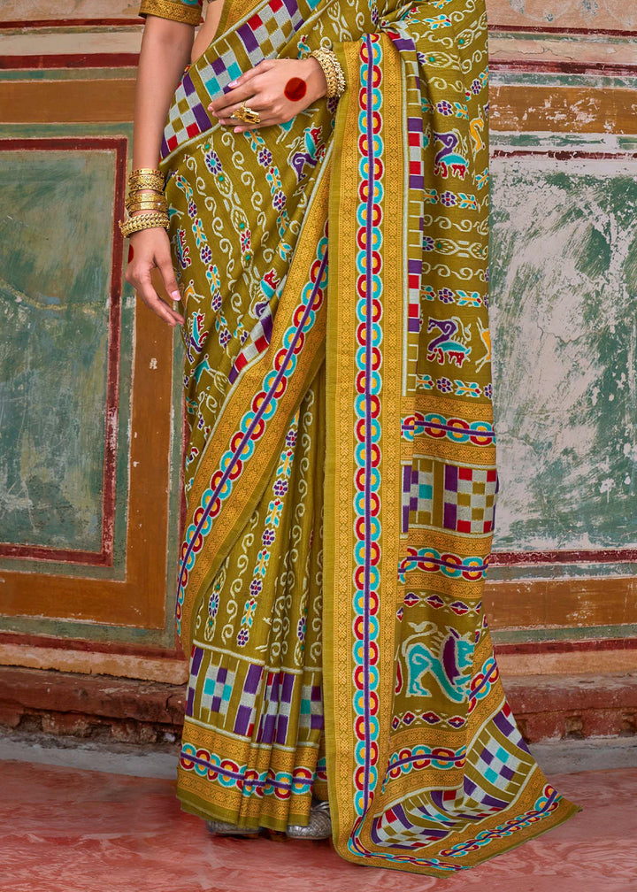 Olive Green Traditional Silk Saree with Patola Print