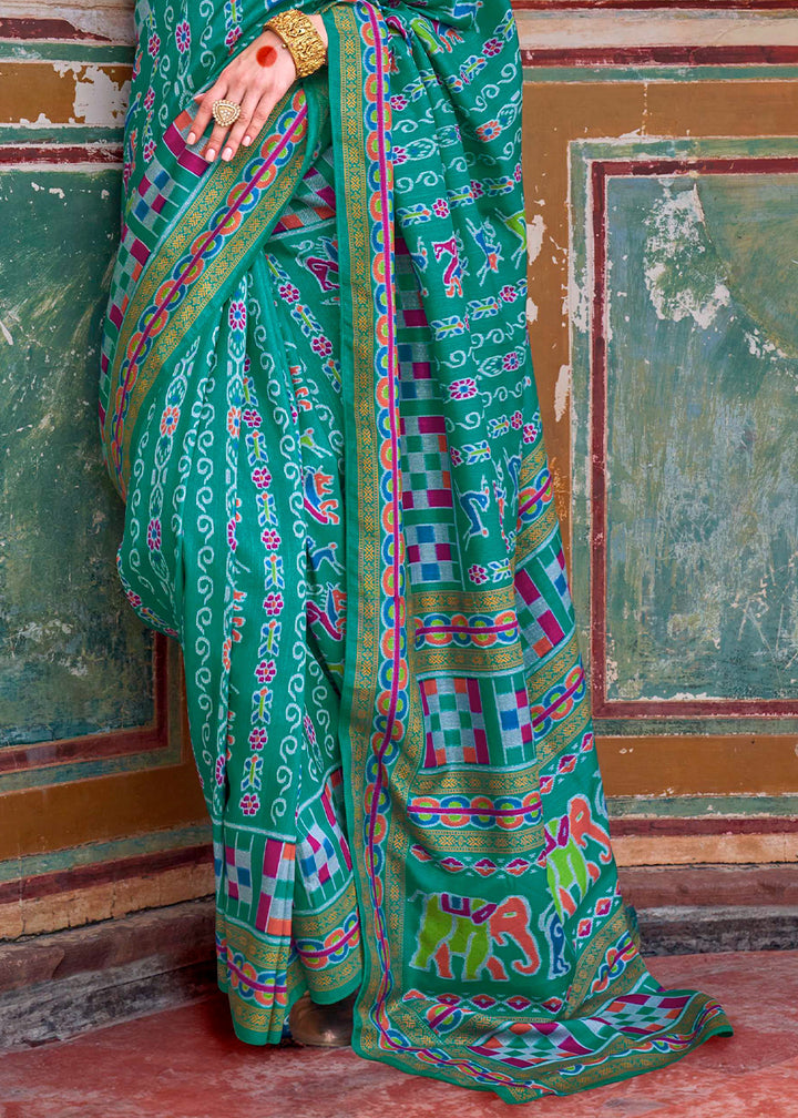 Blueish Green Traditional Silk Saree with Patola Print