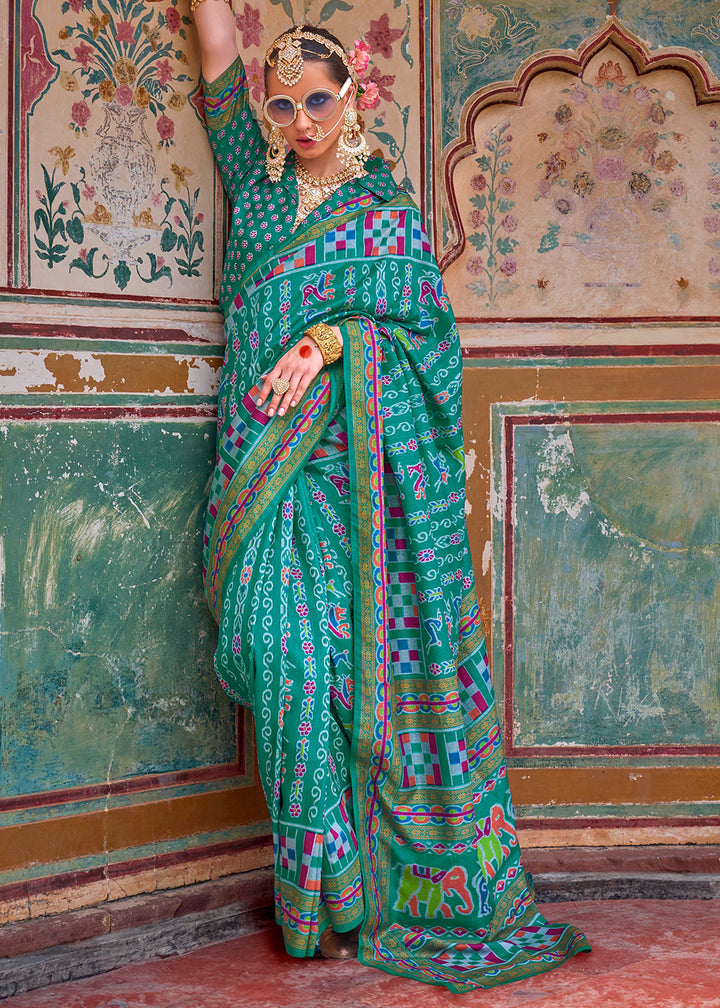 Blueish Green Traditional Silk Saree with Patola Print