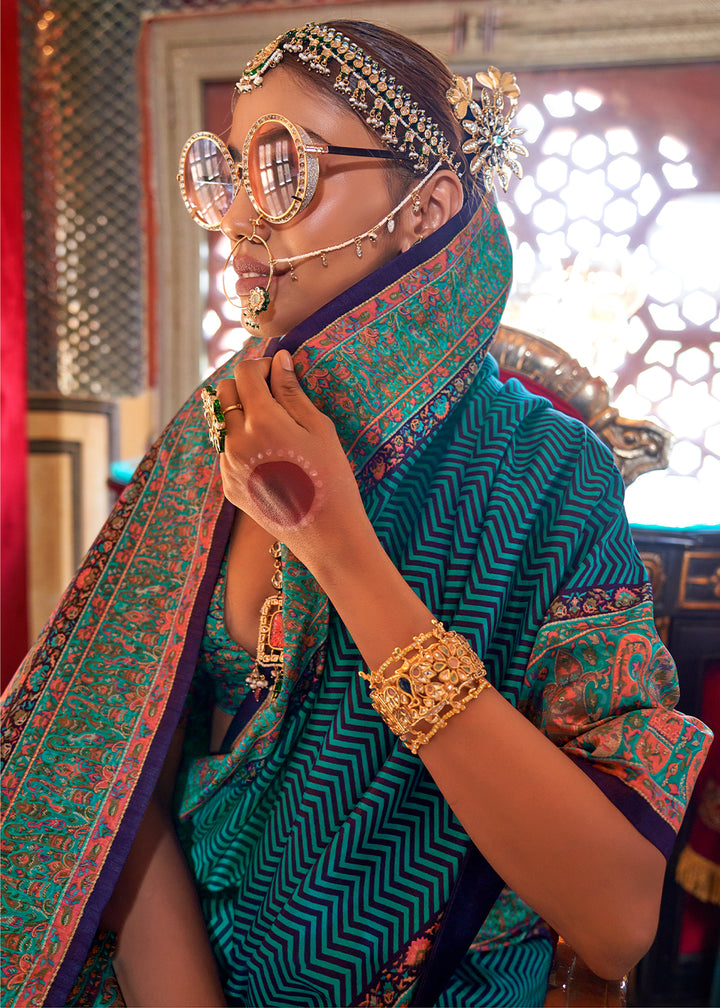 Shades Of Blue Silk Saree Featuring Traditional Jamawar Print
