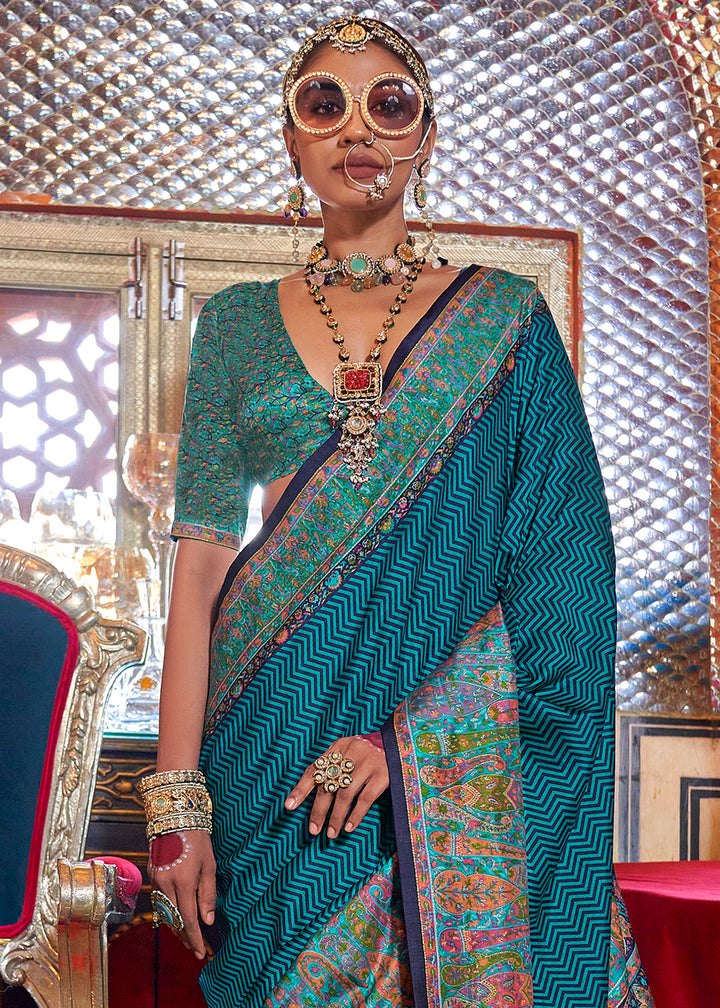 Shades Of Blue Silk Saree Featuring Traditional Jamawar Print