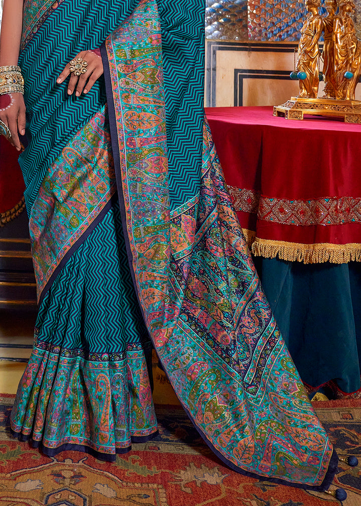 Shades Of Blue Silk Saree Featuring Traditional Jamawar Print
