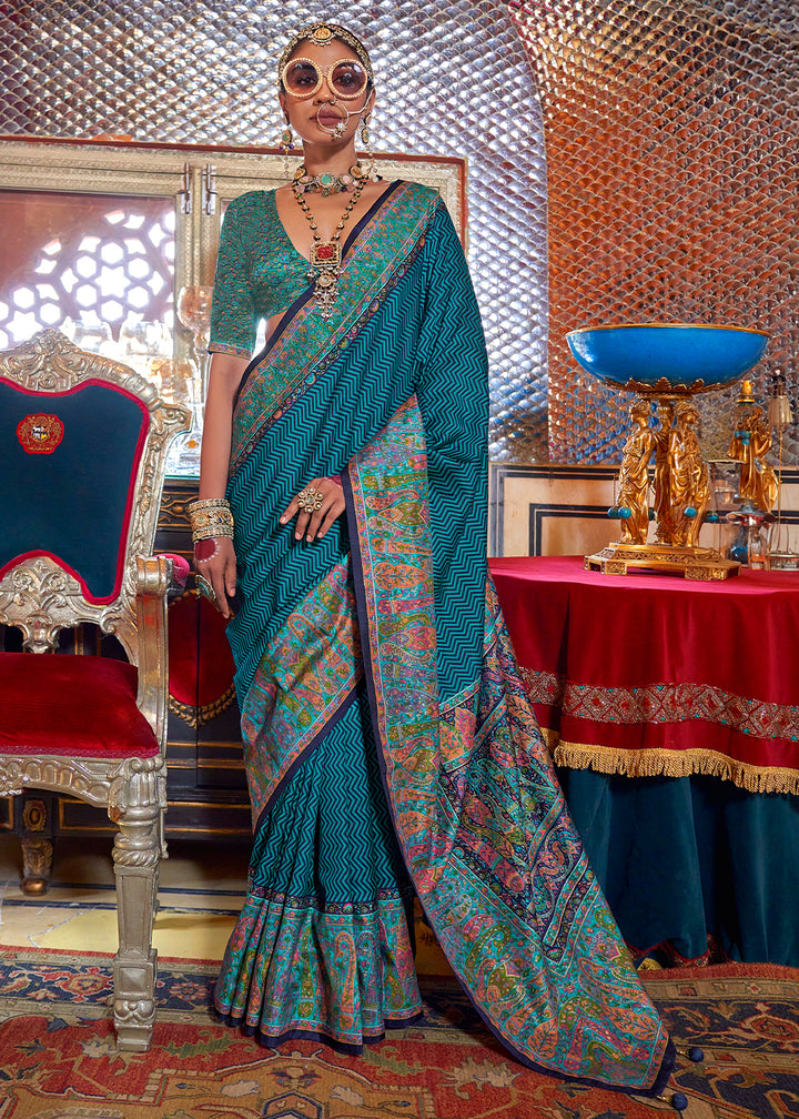 Shades Of Blue Silk Saree Featuring Traditional Jamawar Print
