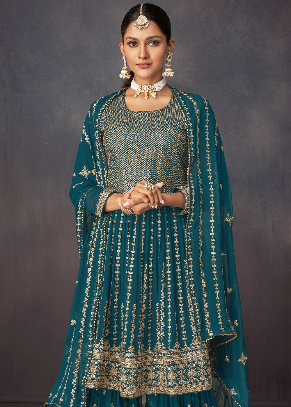 Prussian Blue Embroidered Georgette Plazzo Suit