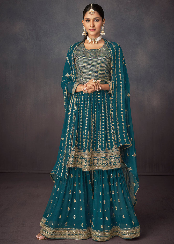 Prussian Blue Embroidered Georgette Plazzo Suit