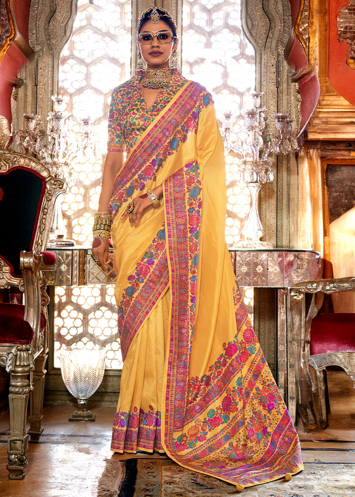 Cyber Yellow Silk Saree with Beautiful Floral Prints and Radiant Gloss Finish