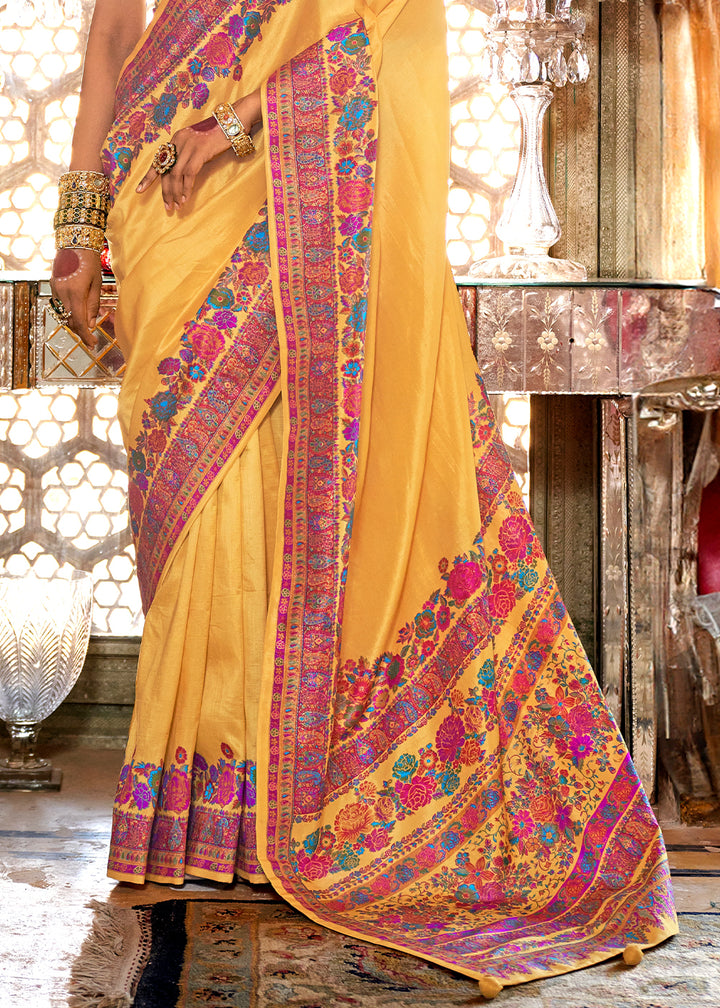 Cyber Yellow Silk Saree with Beautiful Floral Prints and Radiant Gloss Finish