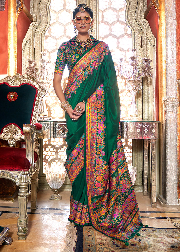 Forest Green Silk Saree with Beautiful Floral Prints and Radiant Gloss Finish