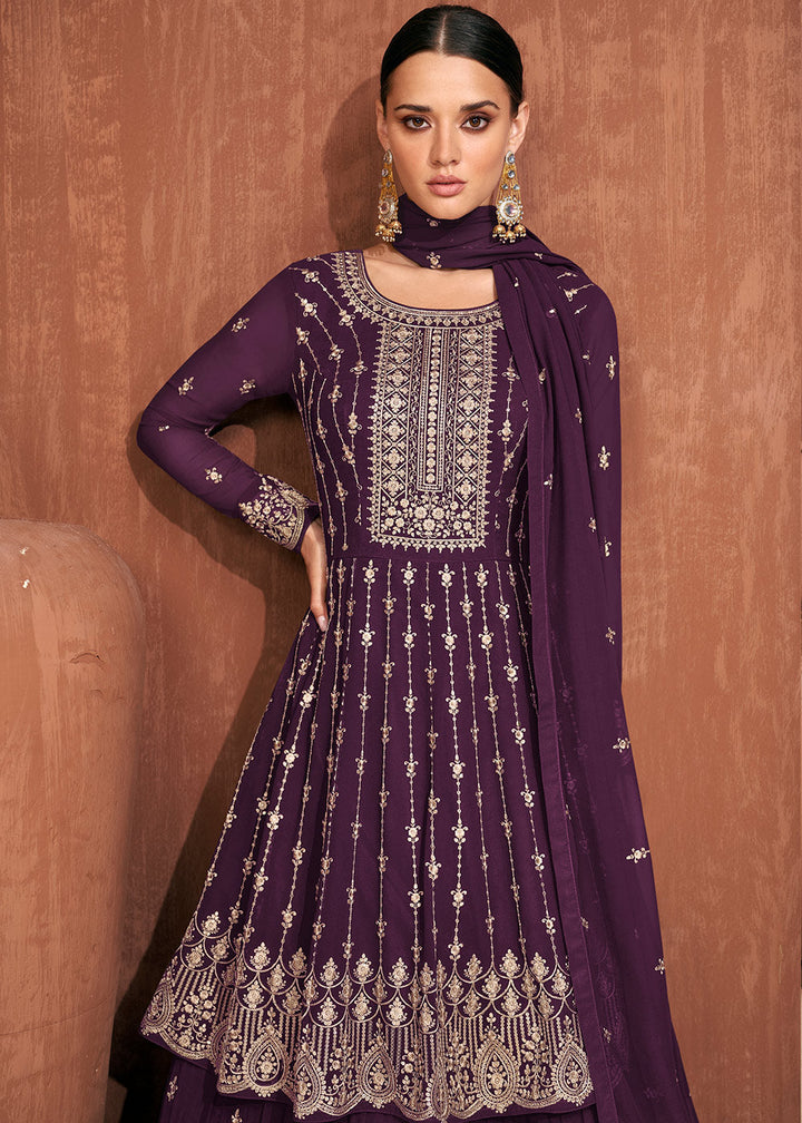 Wine Purple Georgette Embroidered Lehenga Suit