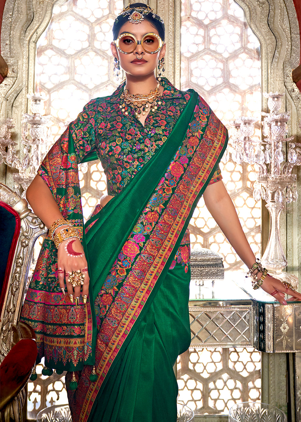 Forest Green Silk Saree with Beautiful Floral Prints and Radiant Gloss Finish