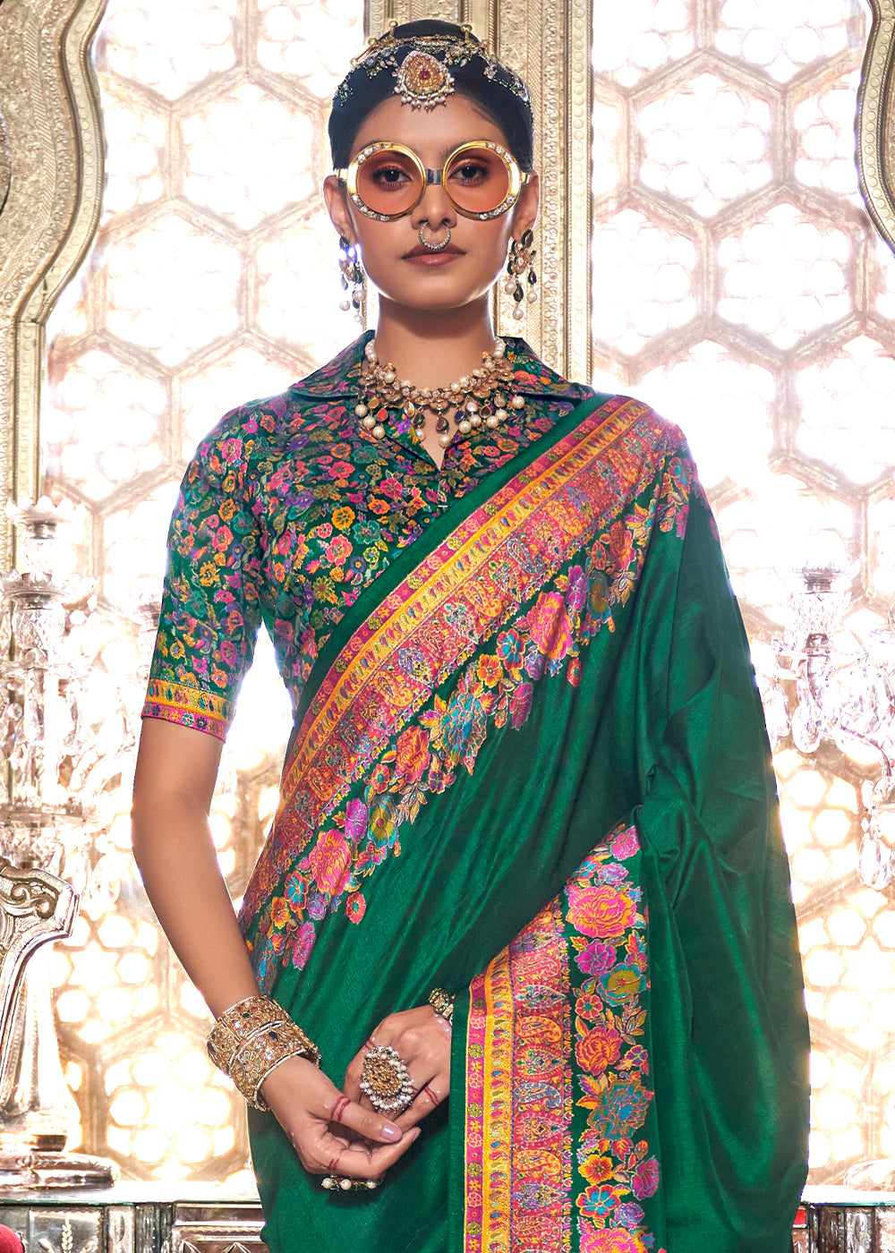 Forest Green Silk Saree with Beautiful Floral Prints and Radiant Gloss Finish