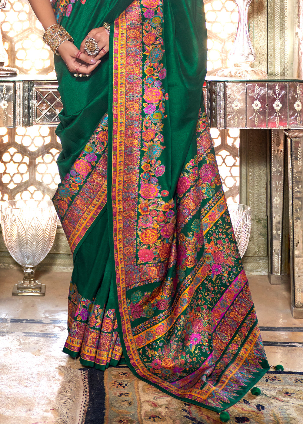 Forest Green Silk Saree with Beautiful Floral Prints and Radiant Gloss Finish