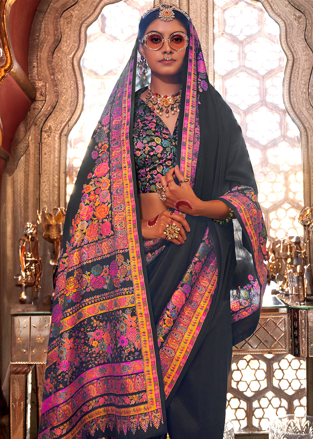 Onyx Black Silk Saree with Beautiful Floral Prints and Radiant Gloss Finish