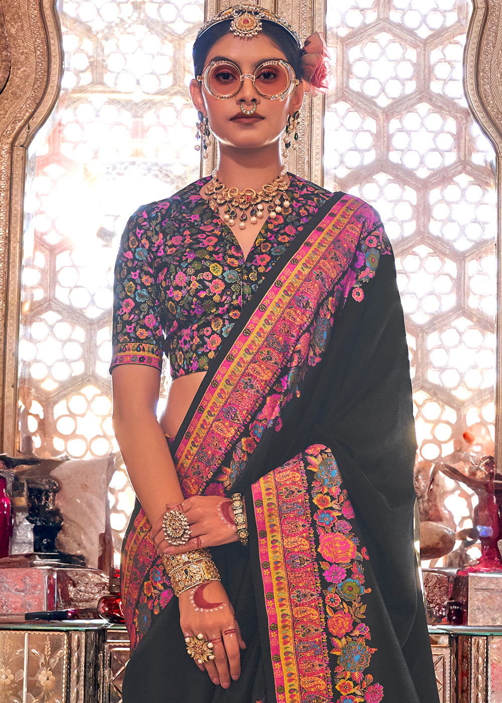 Onyx Black Silk Saree with Beautiful Floral Prints and Radiant Gloss Finish