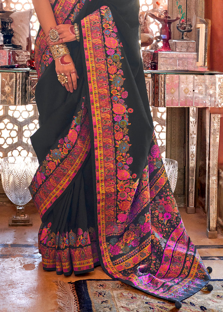 Onyx Black Silk Saree with Beautiful Floral Prints and Radiant Gloss Finish