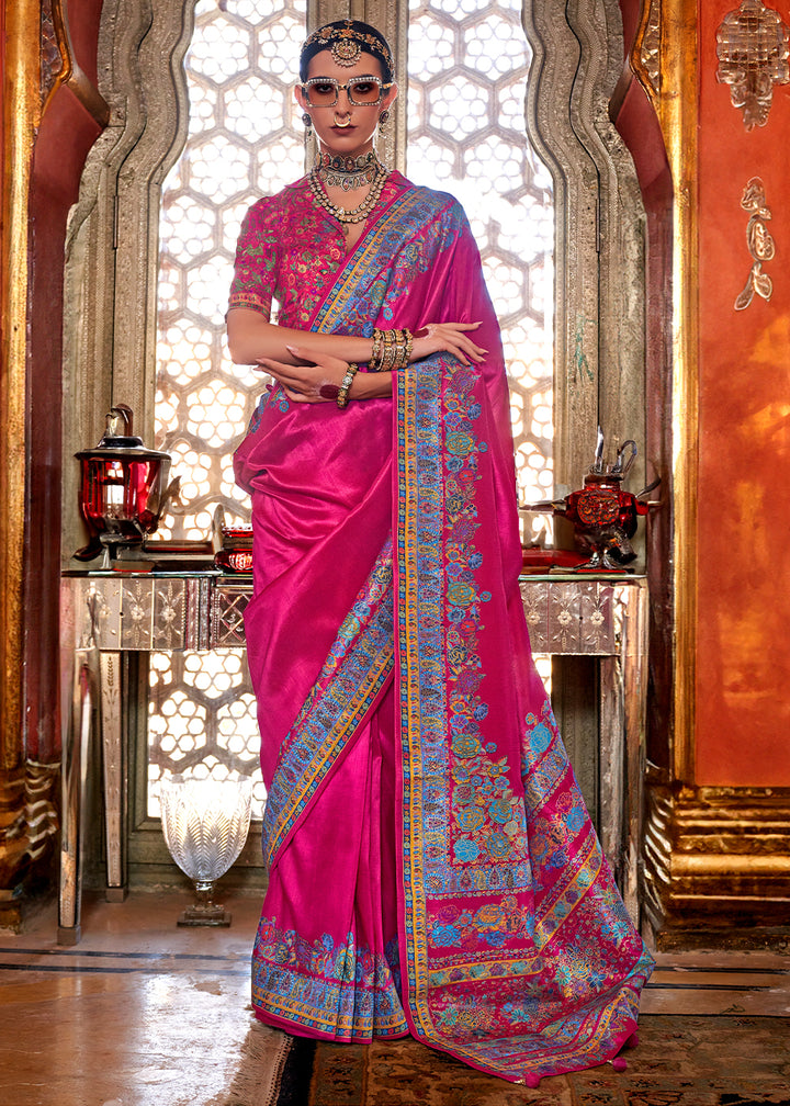 Magenta Pink Silk Saree with Beautiful Floral Prints and Radiant Gloss Finish