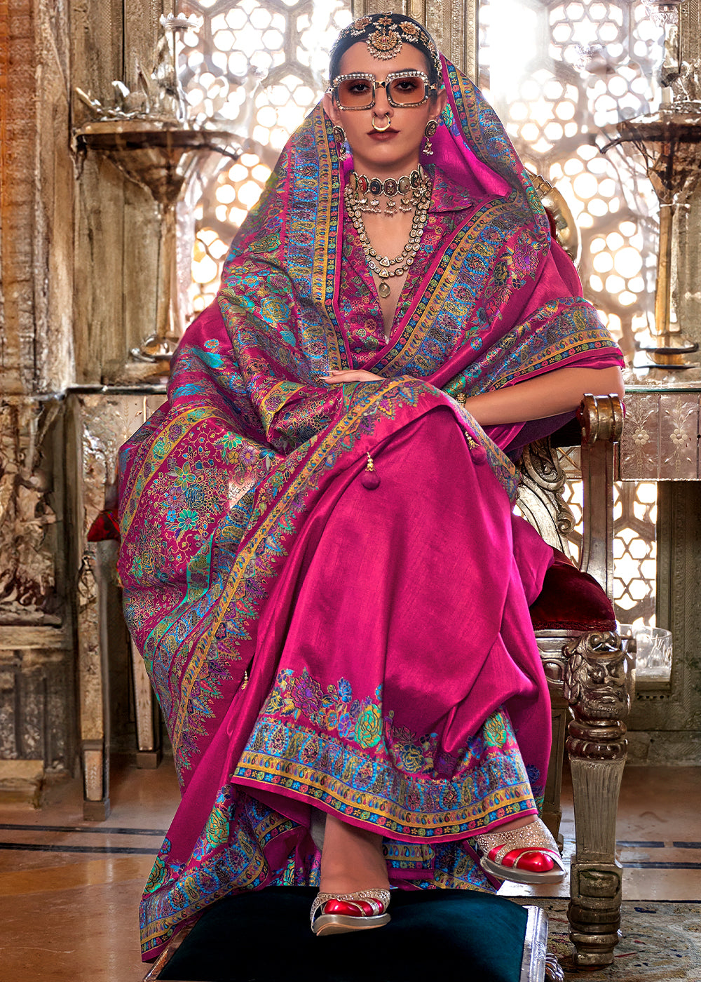 Magenta Pink Silk Saree with Beautiful Floral Prints and Radiant Gloss Finish