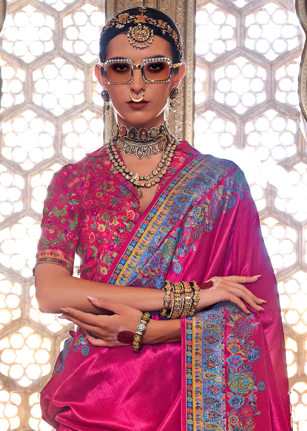 Magenta Pink Silk Saree with Beautiful Floral Prints and Radiant Gloss Finish