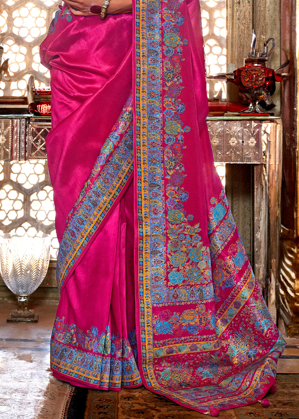 Magenta Pink Silk Saree with Beautiful Floral Prints and Radiant Gloss Finish