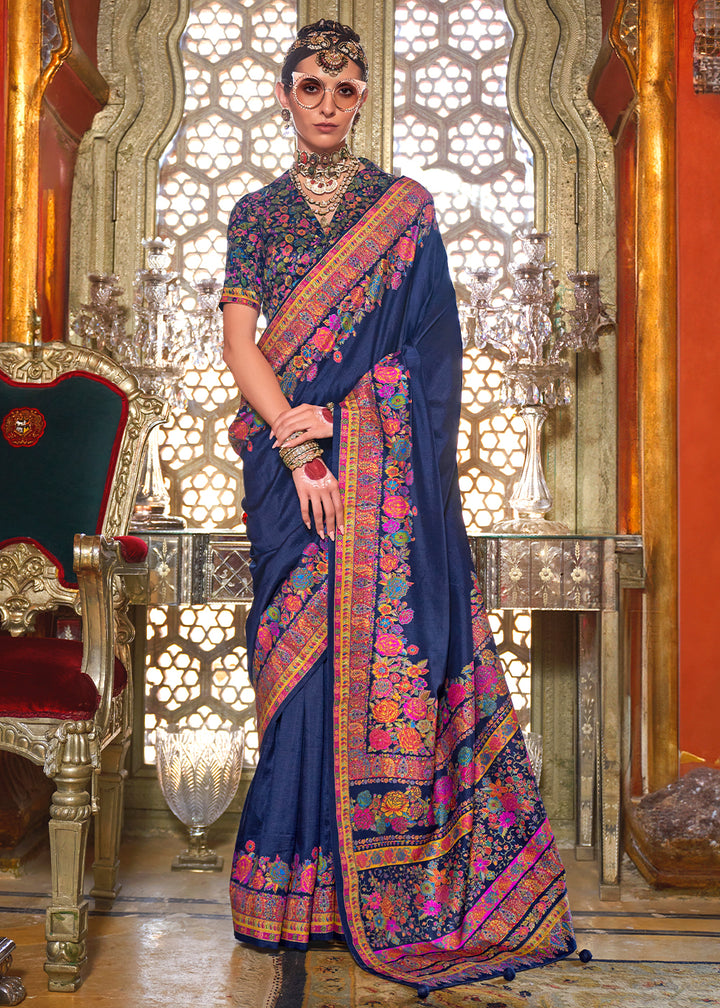 Navy Blue Silk Saree with Beautiful Floral Prints and Radiant Gloss Finish