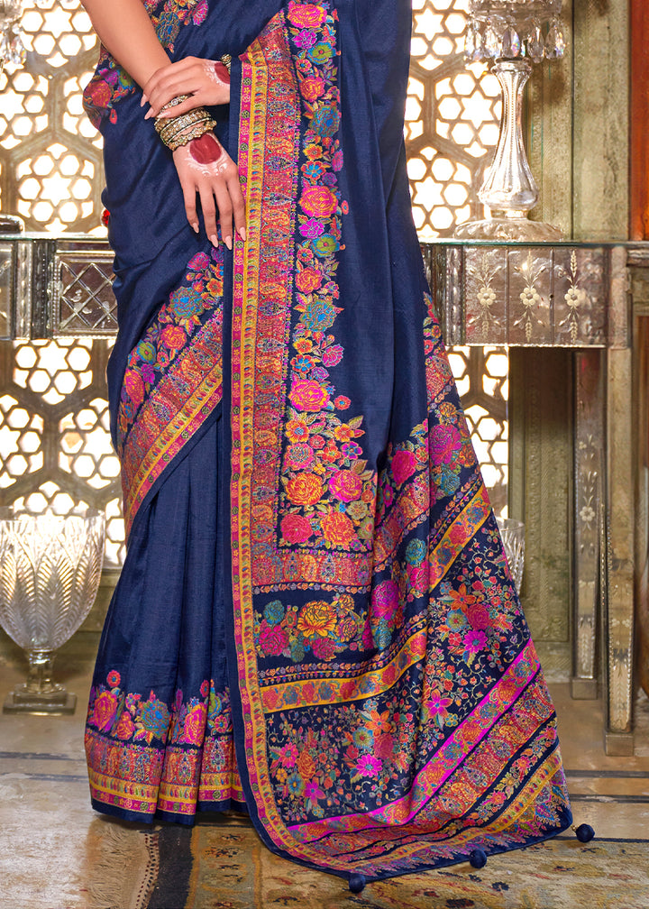 Navy Blue Silk Saree with Beautiful Floral Prints and Radiant Gloss Finish