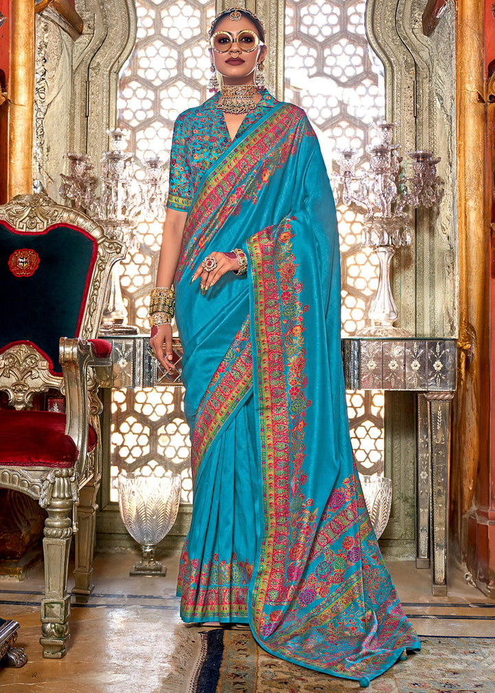 Cerulean Blue Silk Saree with Beautiful Floral Prints and Radiant Gloss Finish