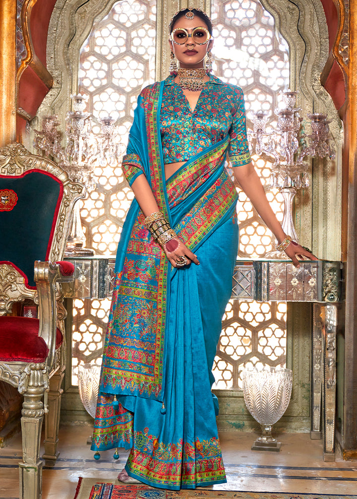 Cerulean Blue Silk Saree with Beautiful Floral Prints and Radiant Gloss Finish