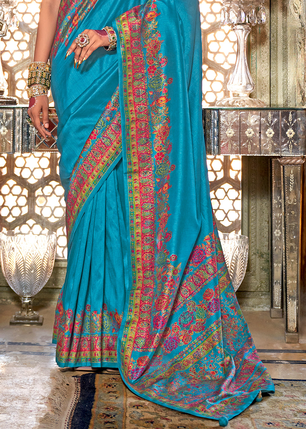 Cerulean Blue Silk Saree with Beautiful Floral Prints and Radiant Gloss Finish