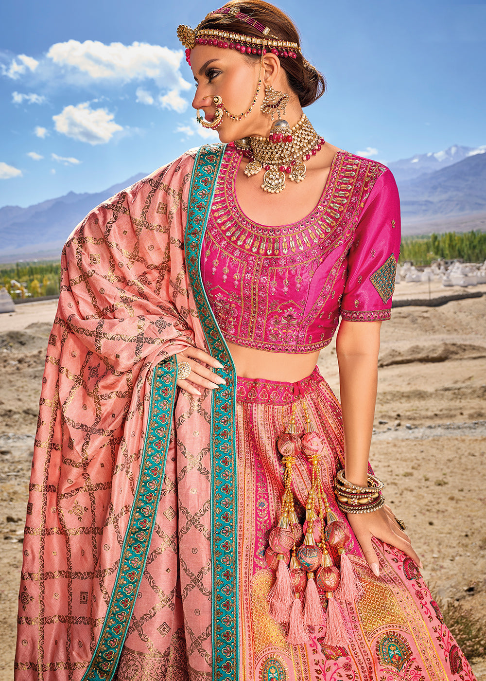 Peach Pink Banarasi Jacquard Silk Lehenga with Cut Work & Hand Work Embroidery