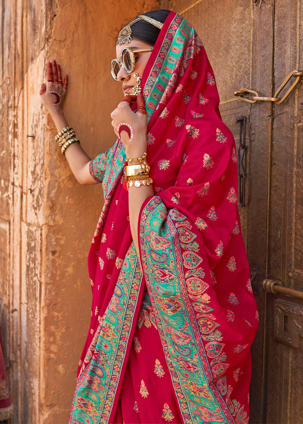Crimson Red Silk Saree Featuring Traditional Jamawar Print