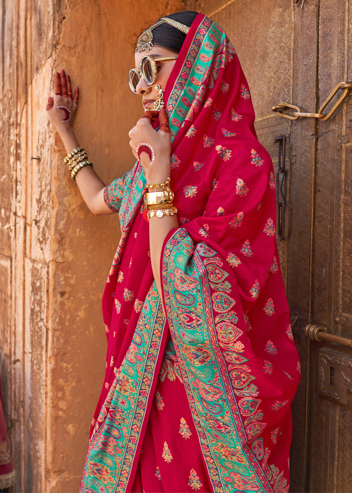 Crimson Red Silk Saree Featuring Traditional Jamawar Print