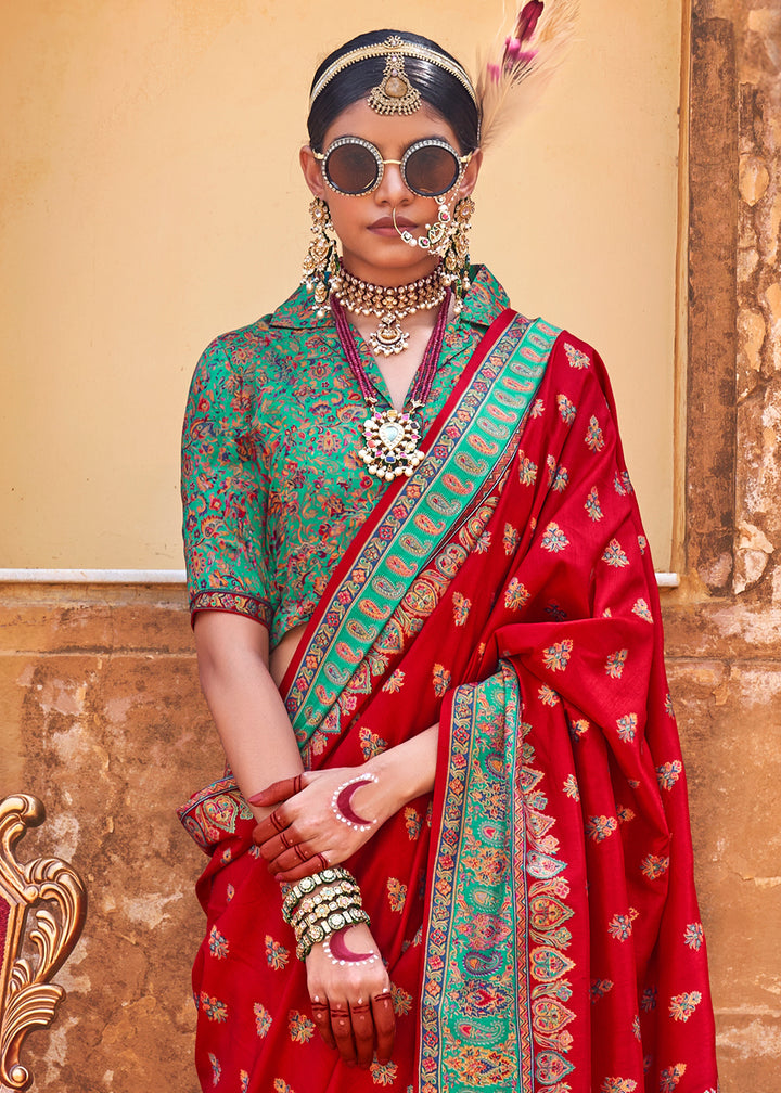 Crimson Red Silk Saree Featuring Traditional Jamawar Print