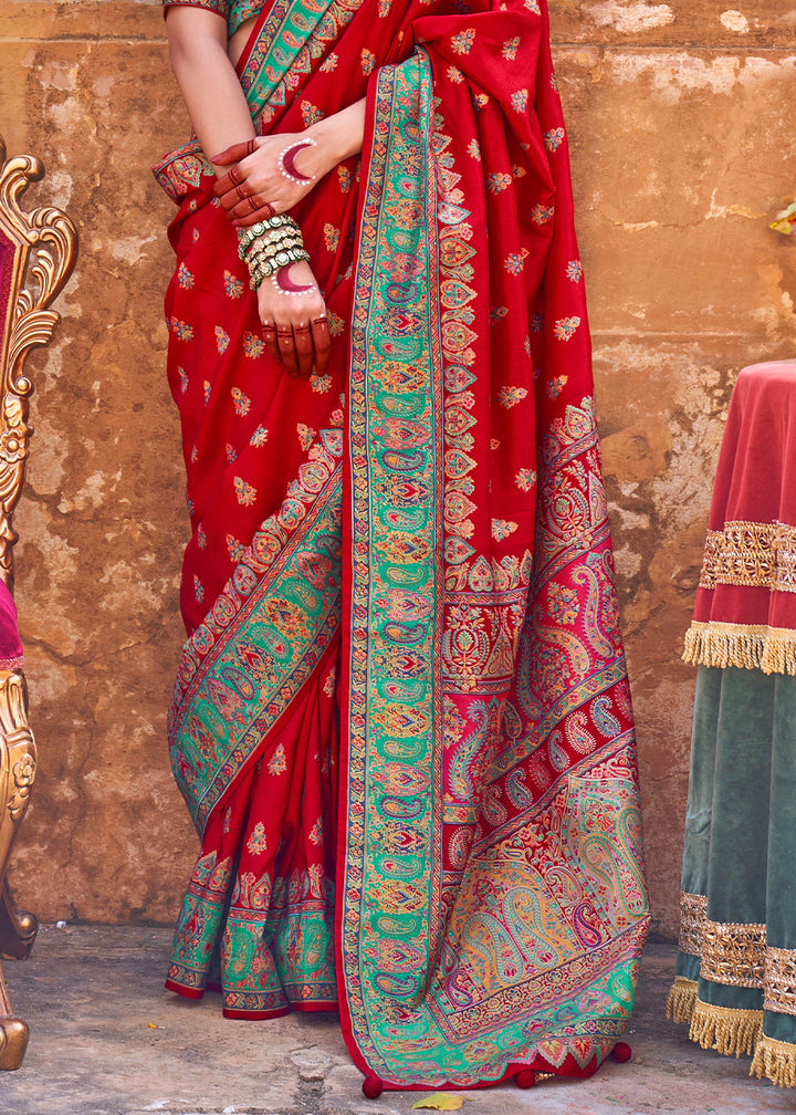 Crimson Red Silk Saree Featuring Traditional Jamawar Print