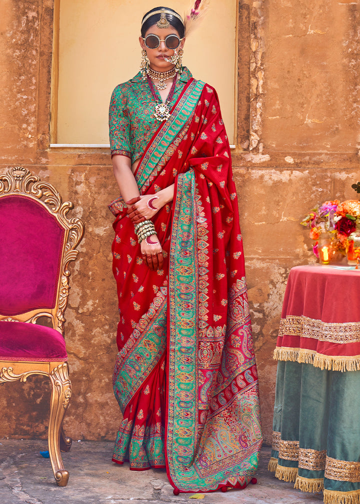 Crimson Red Silk Saree Featuring Traditional Jamawar Print