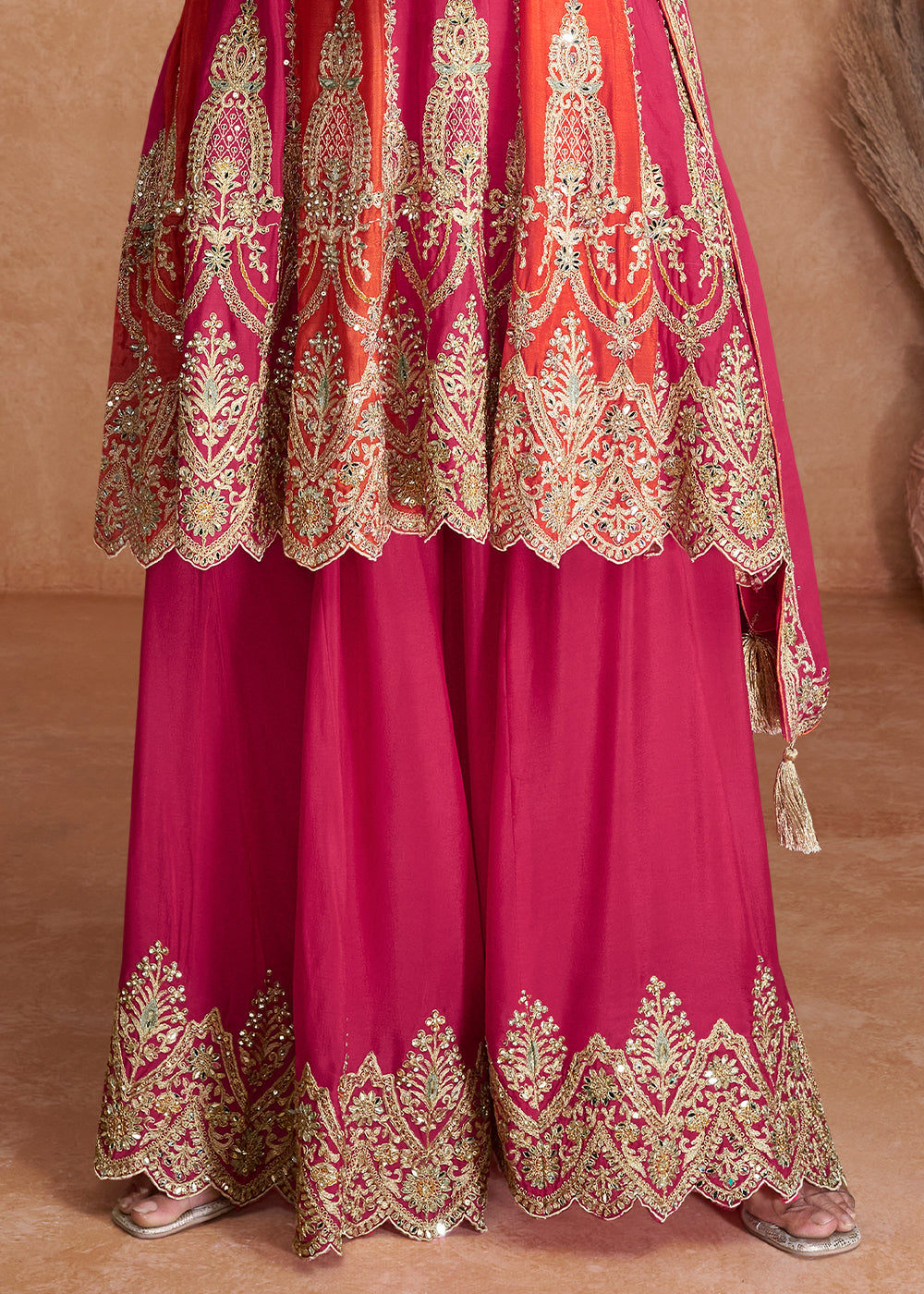 Bright Pink Designer Chinnon Plazzo Suit with Sequins work