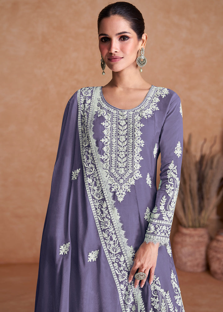 Amethyst Purple Silk Plazzo Suit with Embroidery work