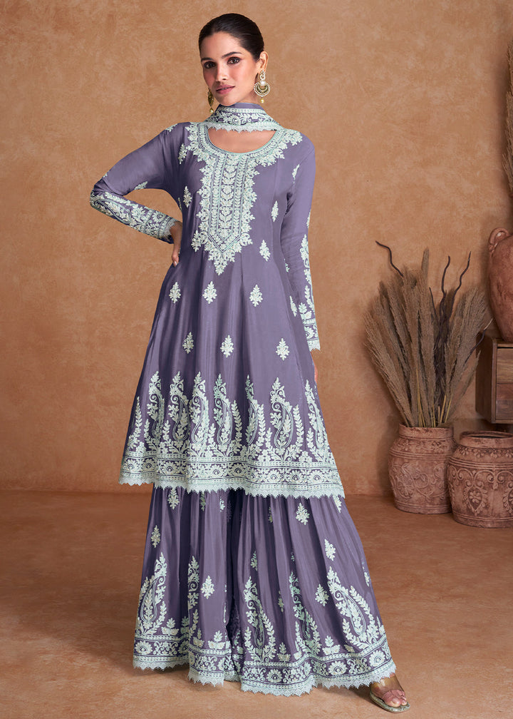 Amethyst Purple Silk Plazzo Suit with Embroidery work