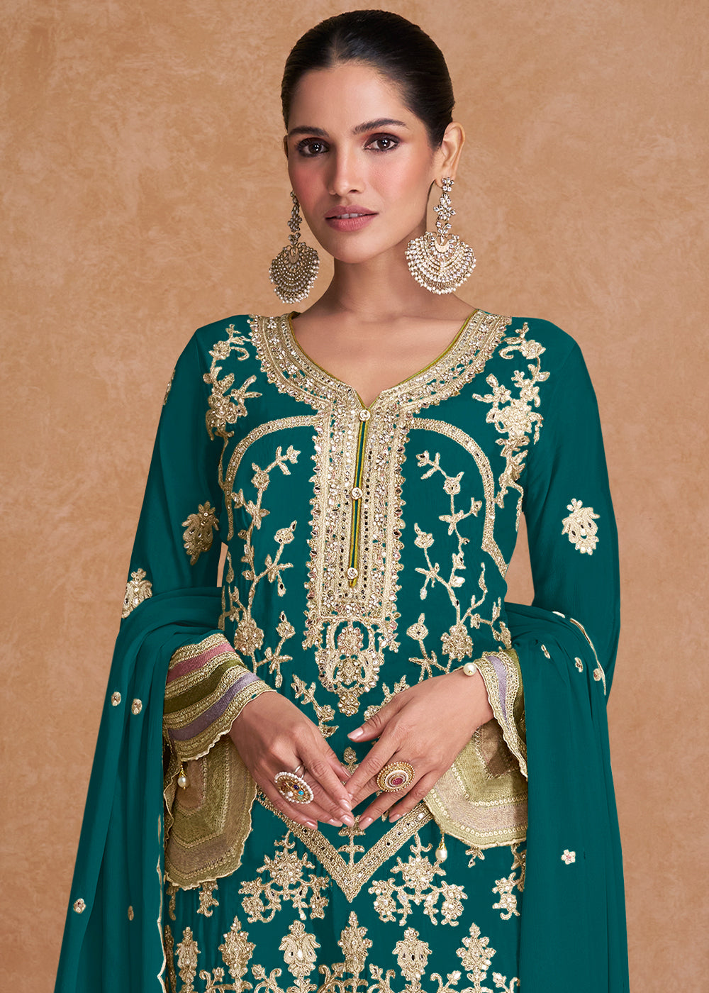 Teal Green Plazzo Suit in Chinon Silk Featuring Detailed Embroidery