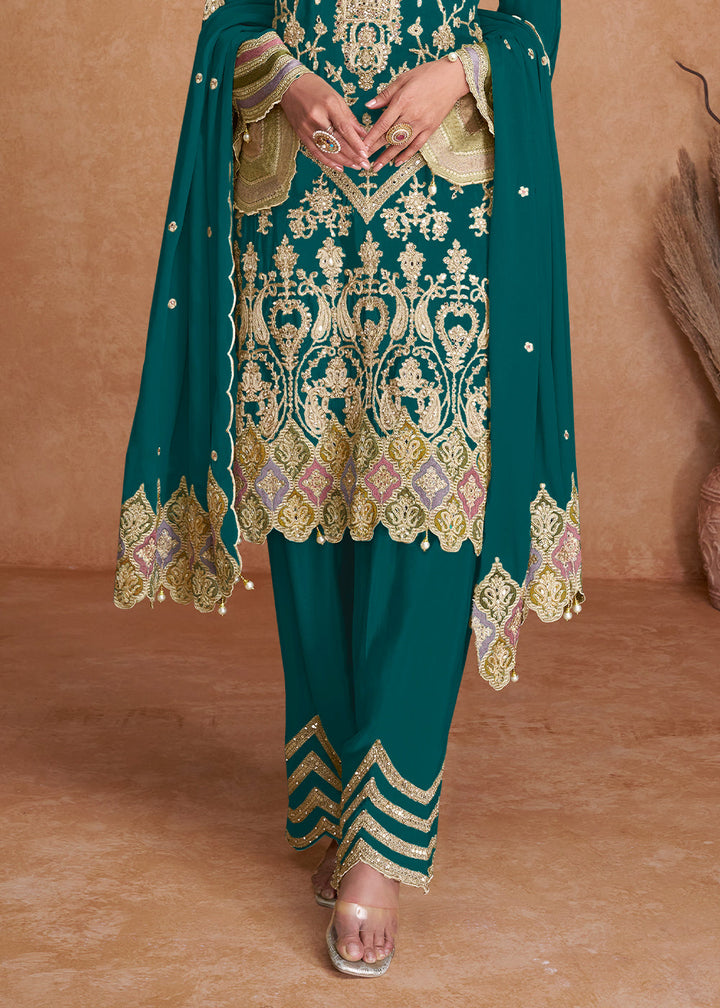 Teal Green Plazzo Suit in Chinon Silk Featuring Detailed Embroidery