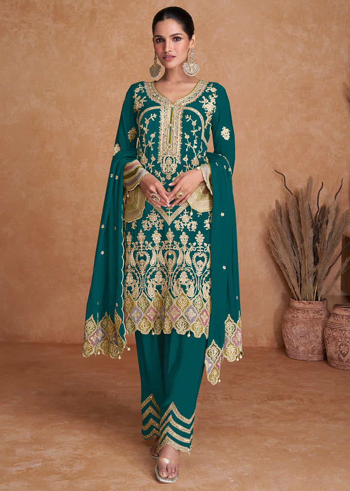 Teal Green Plazzo Suit in Chinon Silk Featuring Detailed Embroidery